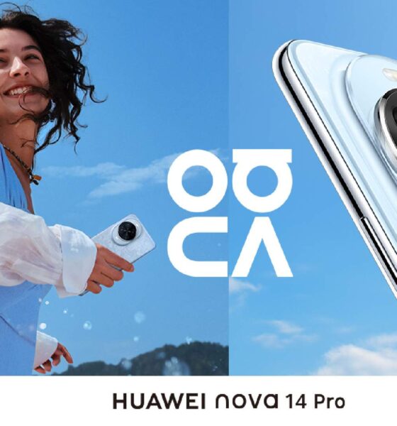 HUAWEI nova 14 Pro smartphone with quad camera system and young woman taking selfie outdoors against blue sky