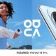 HUAWEI nova 14 Pro smartphone with quad camera system and young woman taking selfie outdoors against blue sky