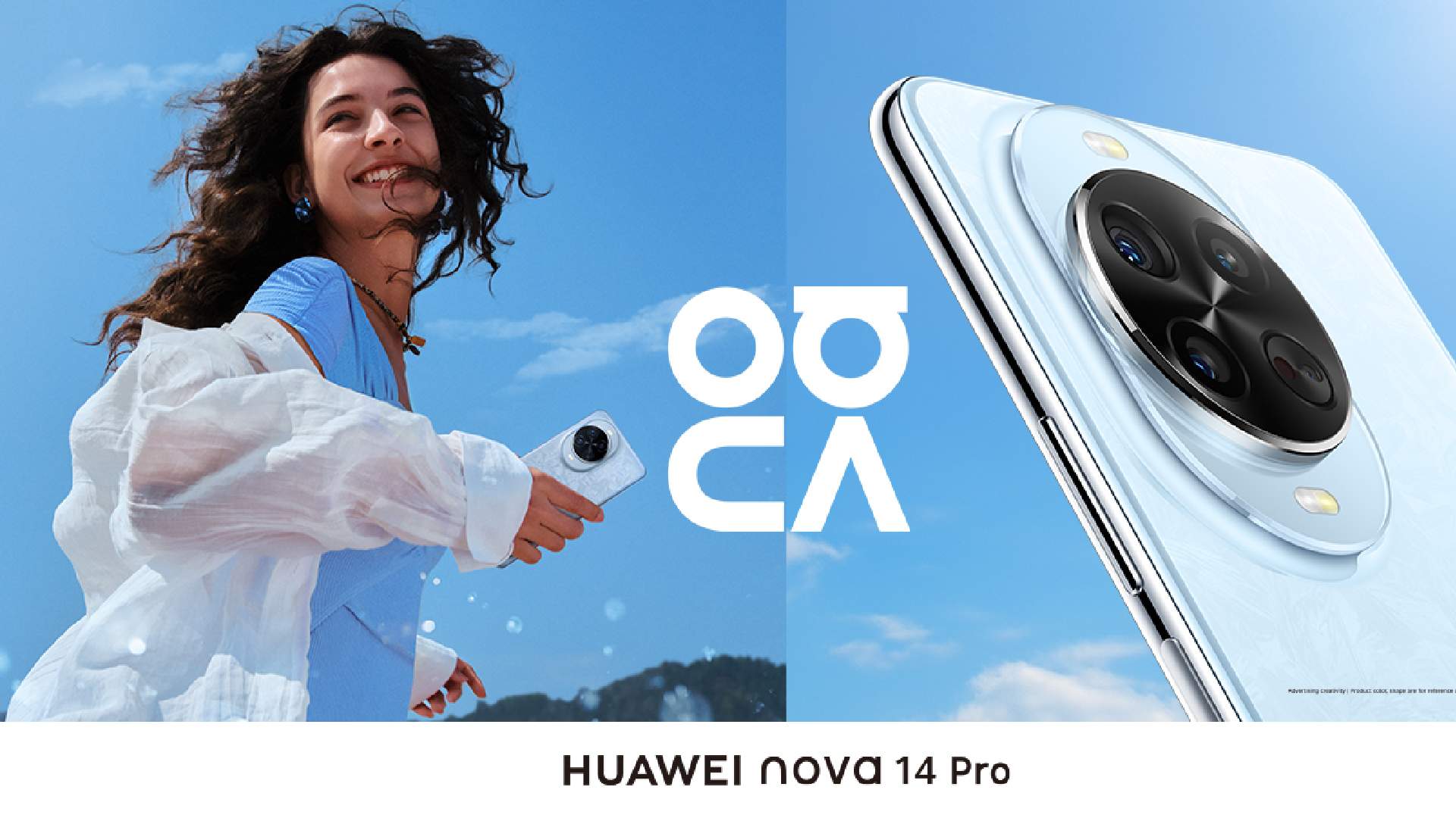 HUAWEI nova 14 Pro smartphone with quad camera system and young woman taking selfie outdoors against blue sky