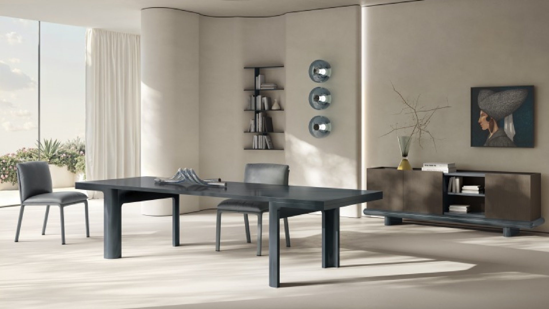 Modern minimalist dining room by Sobha Furniture with sculptural ceiling lighting, sleek dark table, and contemporary storage units