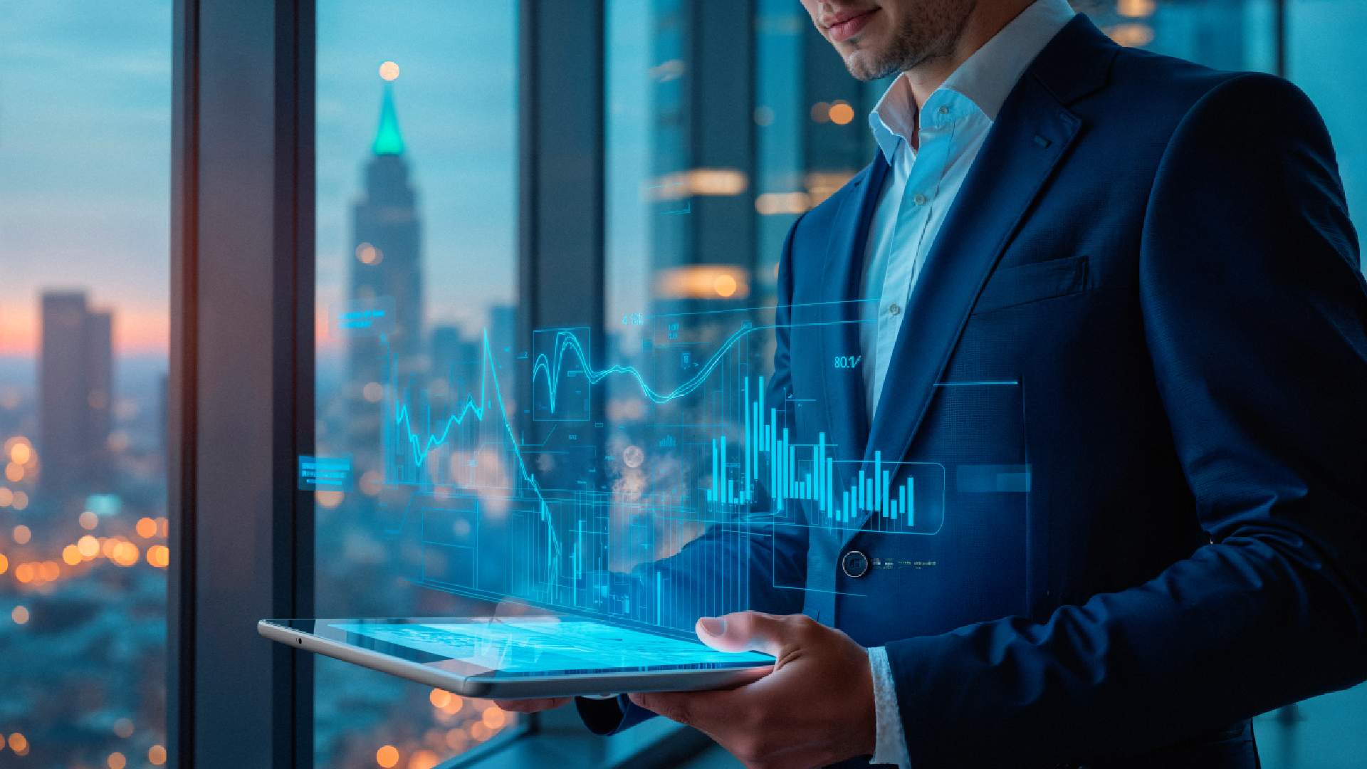Business professional using tablet with holographic data analytics charts and graphs displayed against city skyline