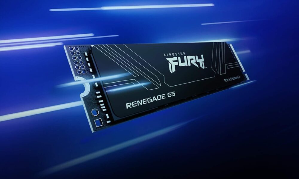 Kingston FURY Renegade G5 PCIe 5.0 NVMe M.2 SSD with black heatsink and white branding against blue background with motion light streaks