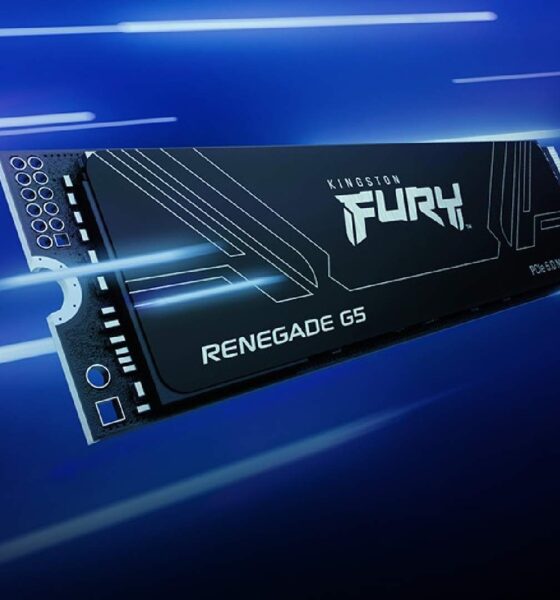 Kingston FURY Renegade G5 PCIe 5.0 NVMe M.2 SSD with black heatsink and white branding against blue background with motion light streaks