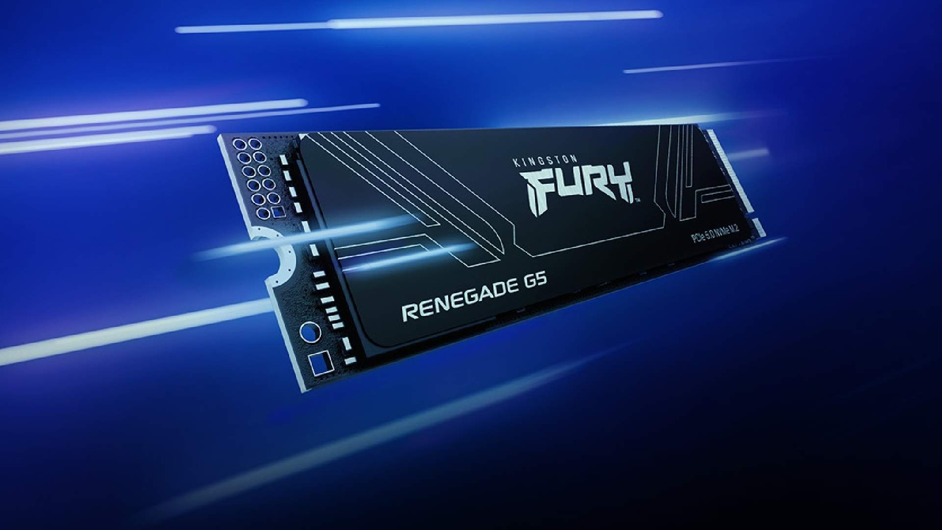 Kingston FURY Renegade G5 PCIe 5.0 NVMe M.2 SSD with black heatsink and white branding against blue background with motion light streaks