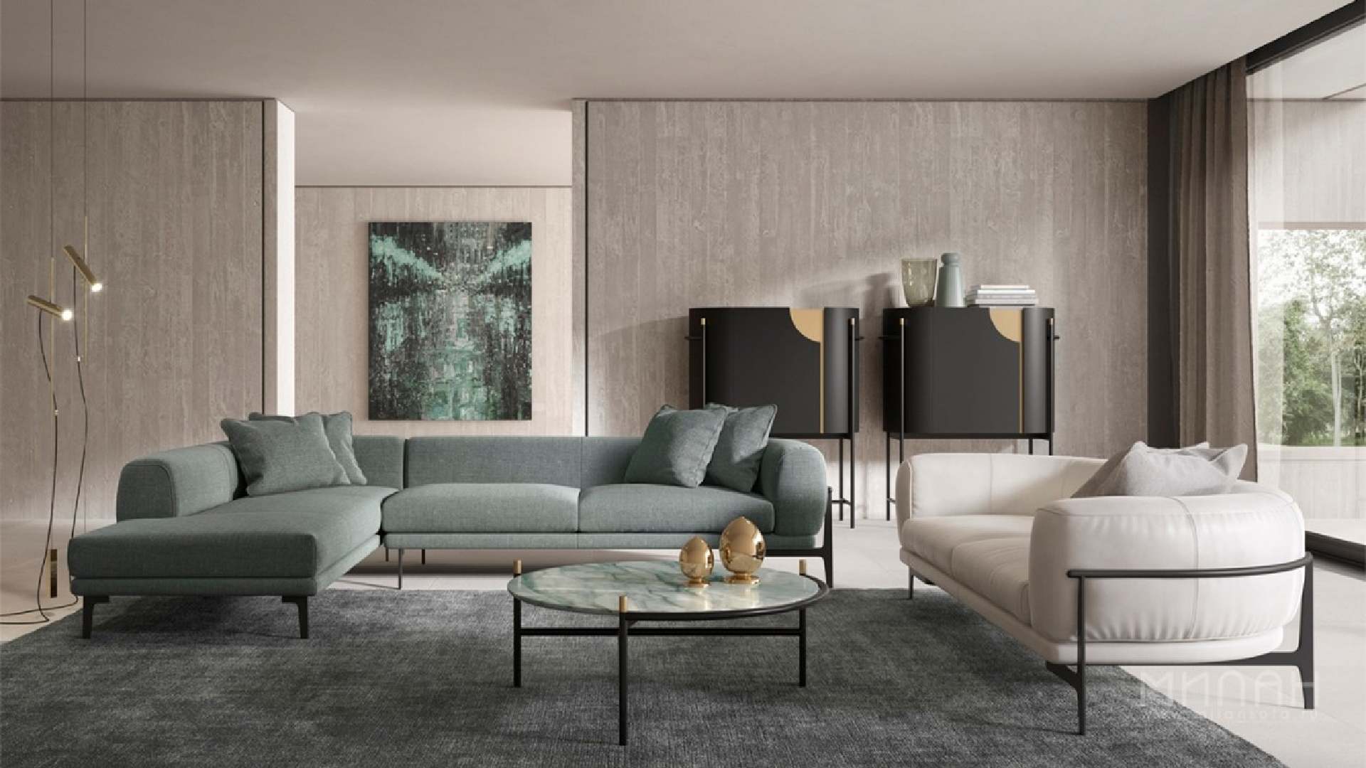 A modern, minimalist home office space features a light wood desk, a laptop, and various office supplies neatly arranged, with a white swivel chair and natural light entering from the side.