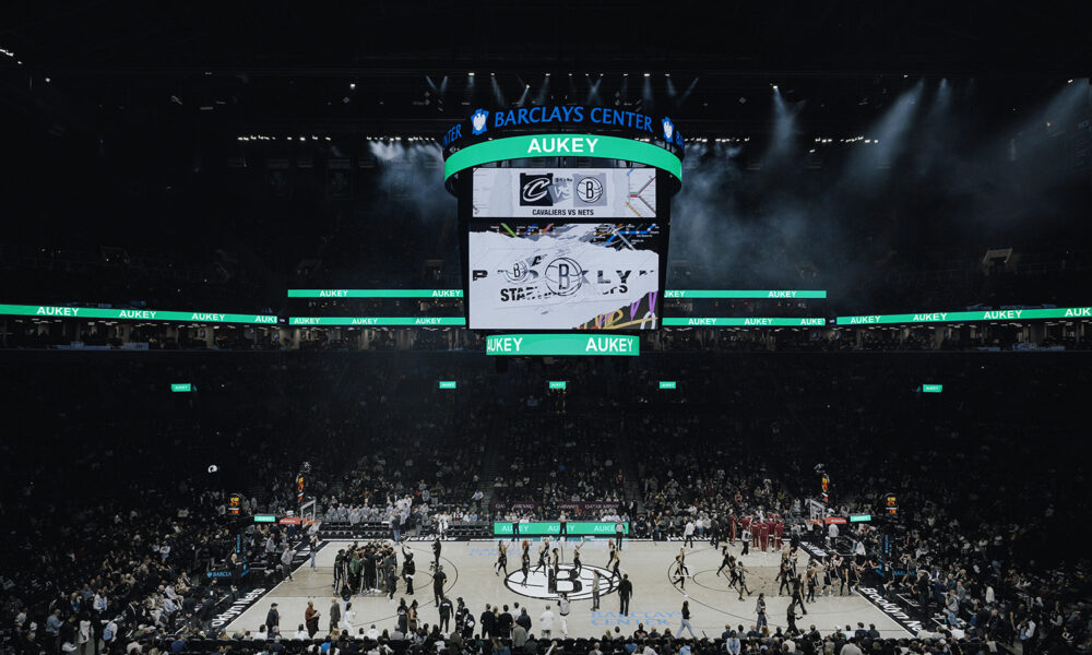 Barclays Center arena interior during Cavaliers vs Nets NBA game with Aukey