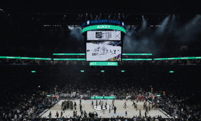 Barclays Center arena interior during Cavaliers vs Nets NBA game with Aukey