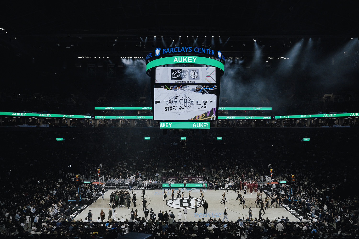 Barclays Center arena interior during Cavaliers vs Nets NBA game with Aukey