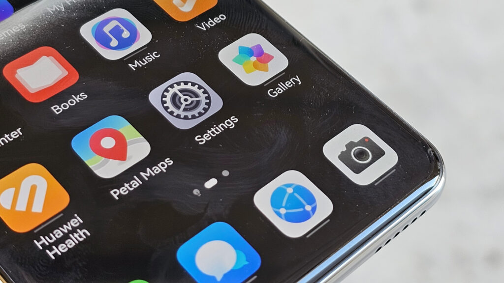 Close-up of the Huawei Nova 14 Pro's screen showing app icons like Settings, Petal Maps, and Camera.