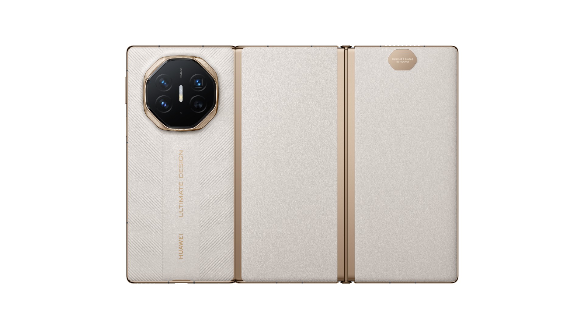A back view of the Huawei Mate XT Ultimate Design smartphone in a fully unfolded state. The device features three distinct panels with a cream-colored, textured leather finish. The left panel houses a large, octagonal gold-rimmed camera module with "XMAGE" branding and four lenses. The words "HUAWEI" and "ULTIMATE DESIGN" are embossed vertically in gold on the leather. The hinges are visible as slim gold vertical lines connecting the panels.