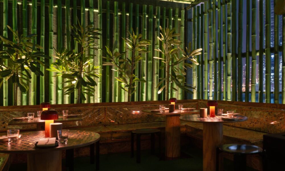 Close-up of the Honeycomb Hi-Fi interior, showing large, six-sided acoustic panels with embedded mood lighting and professional sound equipment.