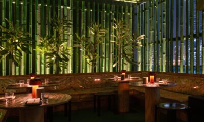 Close-up of the Honeycomb Hi-Fi interior, showing large, six-sided acoustic panels with embedded mood lighting and professional sound equipment.