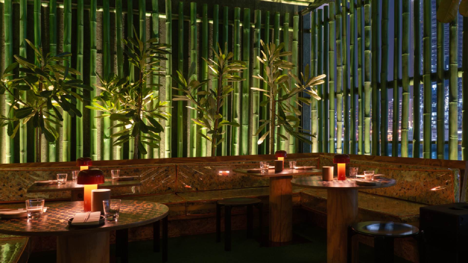 Close-up of the Honeycomb Hi-Fi interior, showing large, six-sided acoustic panels with embedded mood lighting and professional sound equipment.