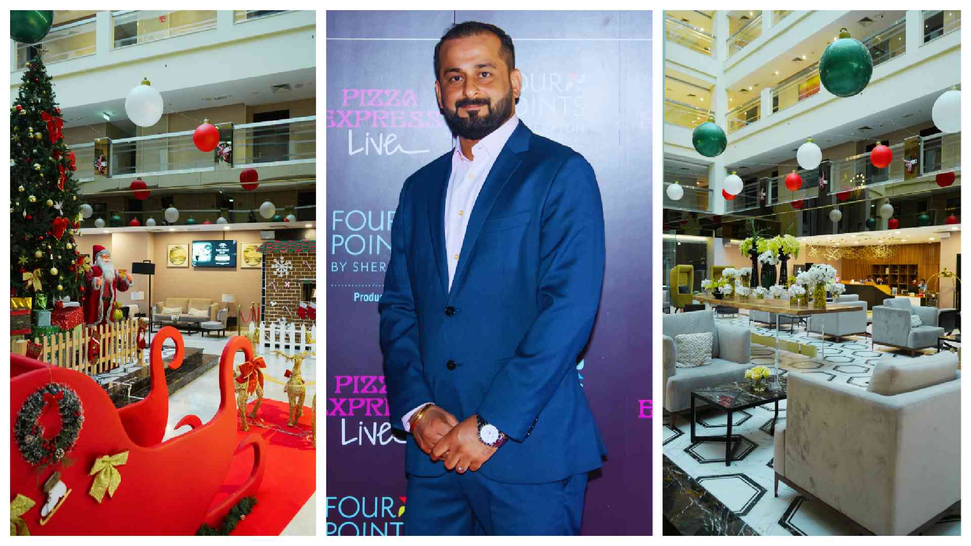 New Project (2).jpg You said: based on the image below i want an ALT text description content, describing the image precisely what is happening and what it is when posting on the website using wordpress. be precise on this ALT description. this image is from FOUR POINTS BY SHERATON Copilot said: Copilot Here’s a precise ALT text description for the image: ALT Text: “Festive Christmas decorations at Four Points by Sheraton featuring a large decorated Christmas tree, red sleigh with ornaments, and holiday-themed setup in the hotel lobby; center backdrop with Four Points by Sheraton and PizzaExpress Live branding; elegant seating area with white and gold floral arrangements and hanging red, green, and white ornaments in a spacious atrium.