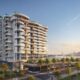 Architectural rendering of the CASAGRAND Hermina residential tower on Dubai Islands, showcasing the modern, stepped structure, waterfront pools, and luxury amenities overlooking the sea