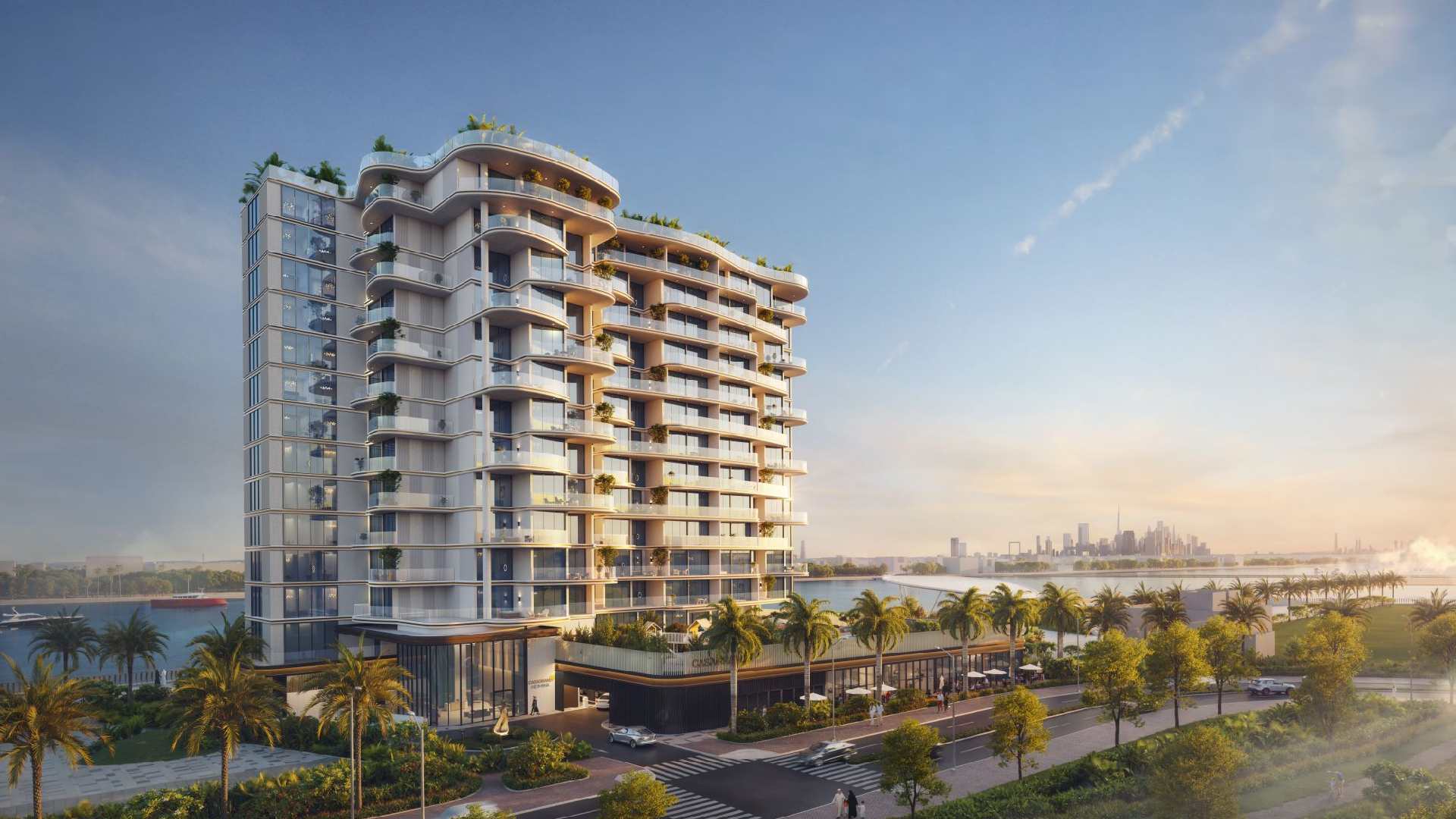 Architectural rendering of the CASAGRAND Hermina residential tower on Dubai Islands, showcasing the modern, stepped structure, waterfront pools, and luxury amenities overlooking the sea