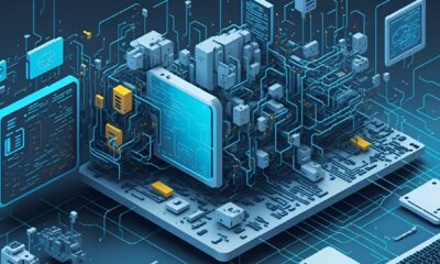 3D illustration of a complex digital circuit board with interconnected microchips, processors, and data pathways, representing advanced IT infrastructure and smart technology solutions by Hedges Information Technology