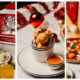 Festive PizzaExpress holiday spread featuring sparkling wine, mashed potatoes with turkey, creamy sauce, signature Dough Balls with dip, Christmas-themed decorations, and a pizza topped with cherry tomatoes and basil, alongside pasta dishes on a marble table.