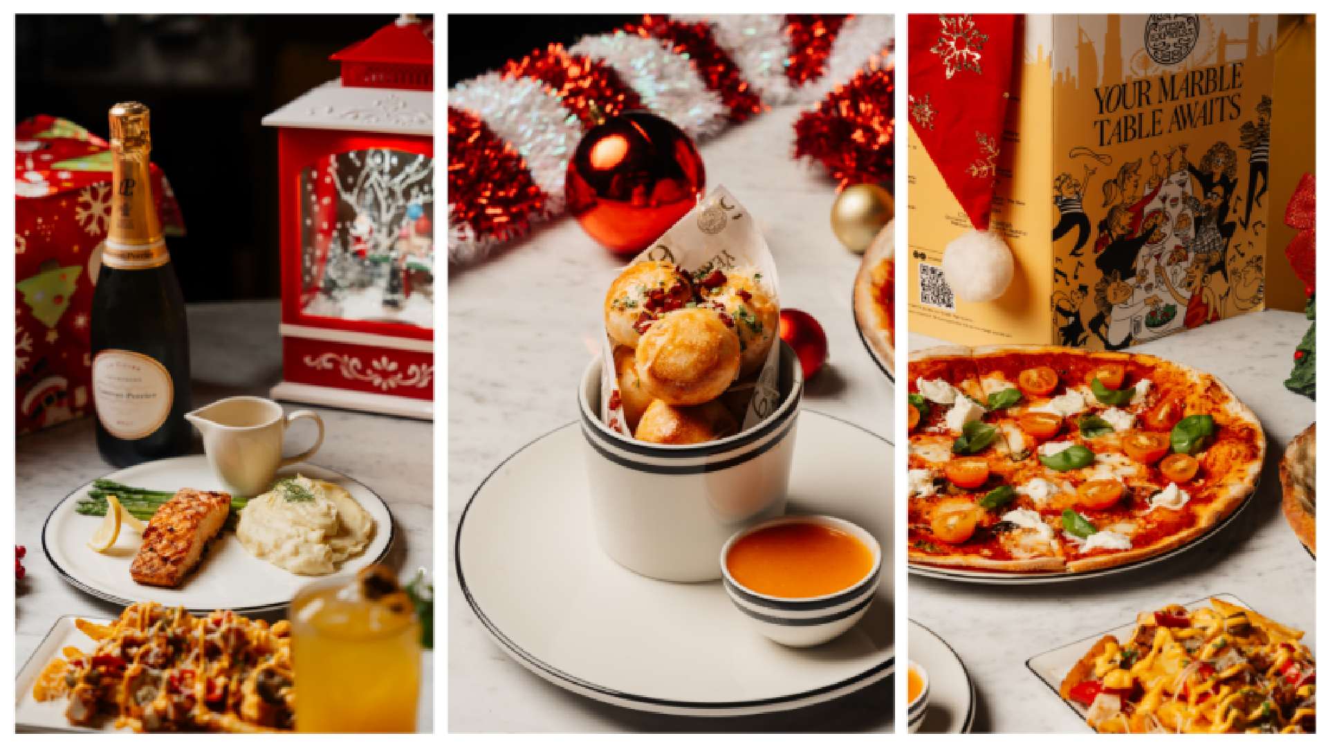 Festive PizzaExpress holiday spread featuring sparkling wine, mashed potatoes with turkey, creamy sauce, signature Dough Balls with dip, Christmas-themed decorations, and a pizza topped with cherry tomatoes and basil, alongside pasta dishes on a marble table.