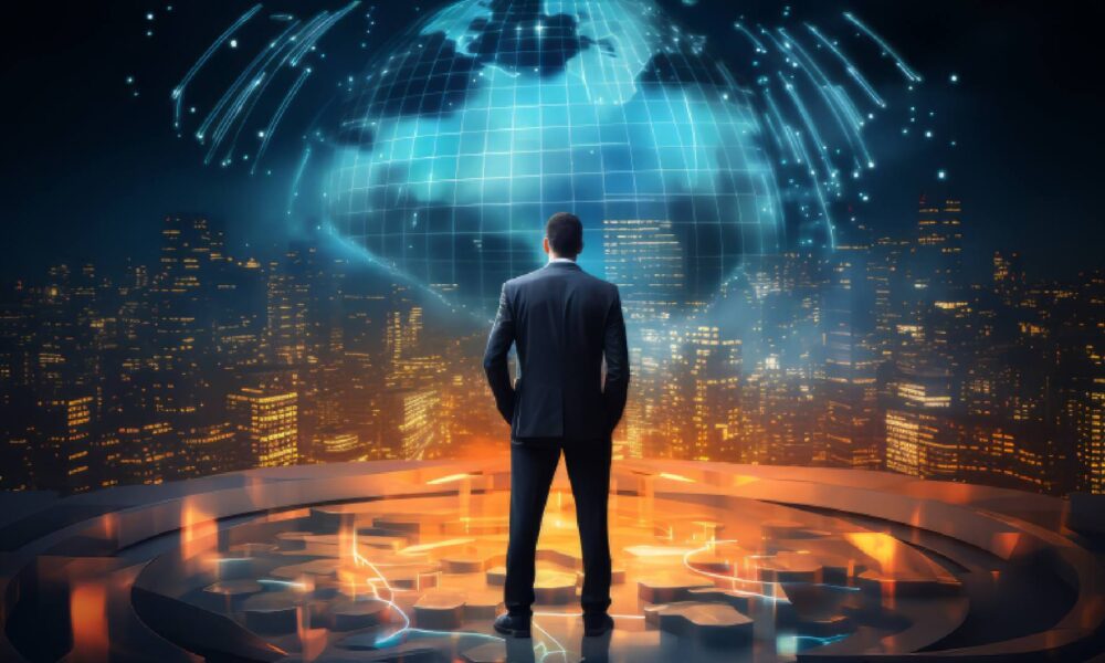 a man in formal suit looking out to the globe