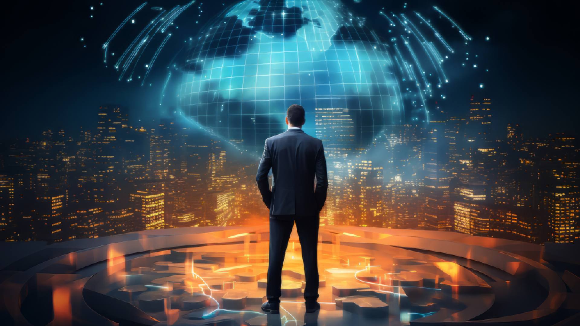 a man in formal suit looking out to the globe