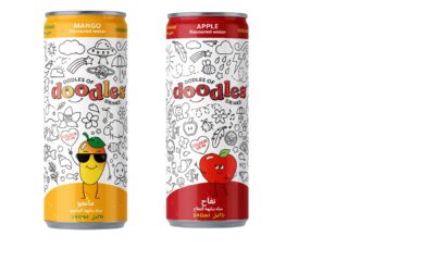 Arow of colorful Oodles of Doodles flavored water cans in apple, mango, orange, and pineapple flavors, featuring interactive white-space doodle designs and playful characters that kids can color directly on the BPA-free packaging.