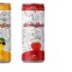 Arow of colorful Oodles of Doodles flavored water cans in apple, mango, orange, and pineapple flavors, featuring interactive white-space doodle designs and playful characters that kids can color directly on the BPA-free packaging.