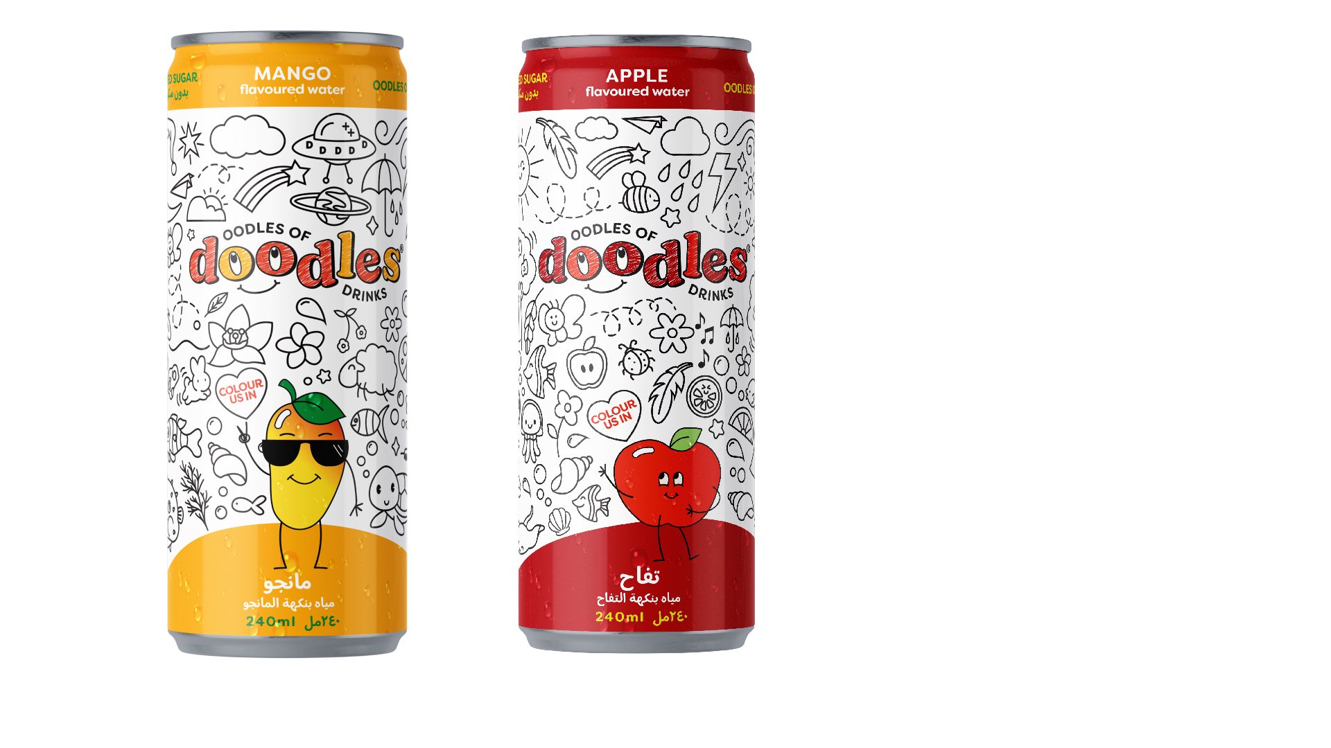 Arow of colorful Oodles of Doodles flavored water cans in apple, mango, orange, and pineapple flavors, featuring interactive white-space doodle designs and playful characters that kids can color directly on the BPA-free packaging.