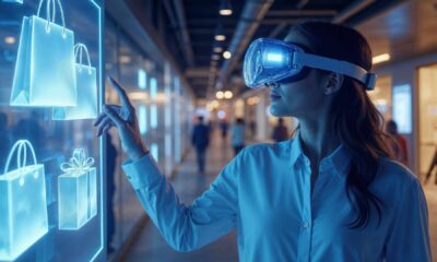 Based on your feature article about AI and automation in retail, here is a precise ALT text description for your WordPress post. This description is designed to be highly descriptive for accessibility while reinforcing your focus on "Smarter Retail" and AI technology. ALT Text Description "A futuristic smart retail store interior featuring AI-powered aisles where overhead sensors and computer vision cameras track inventory in real-time. A shopper is seen using a smart cart with an integrated touchscreen displaying a live tally of items and personalized digital coupons, illustrating the seamless fusion of automation and data-driven shopping experiences in the global retail sector.