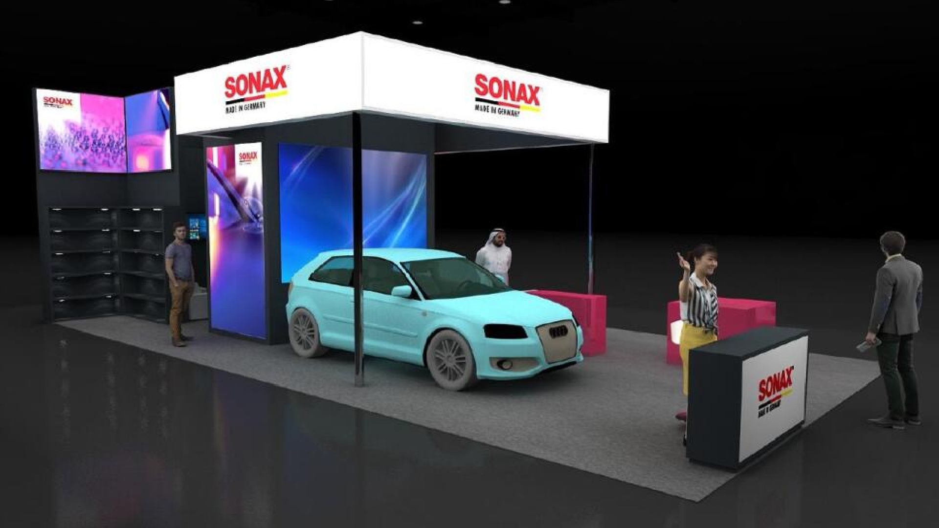 A light blue car displayed under a white canopy at the modern, brightly lit SONAX exhibition booth inside a trade show.