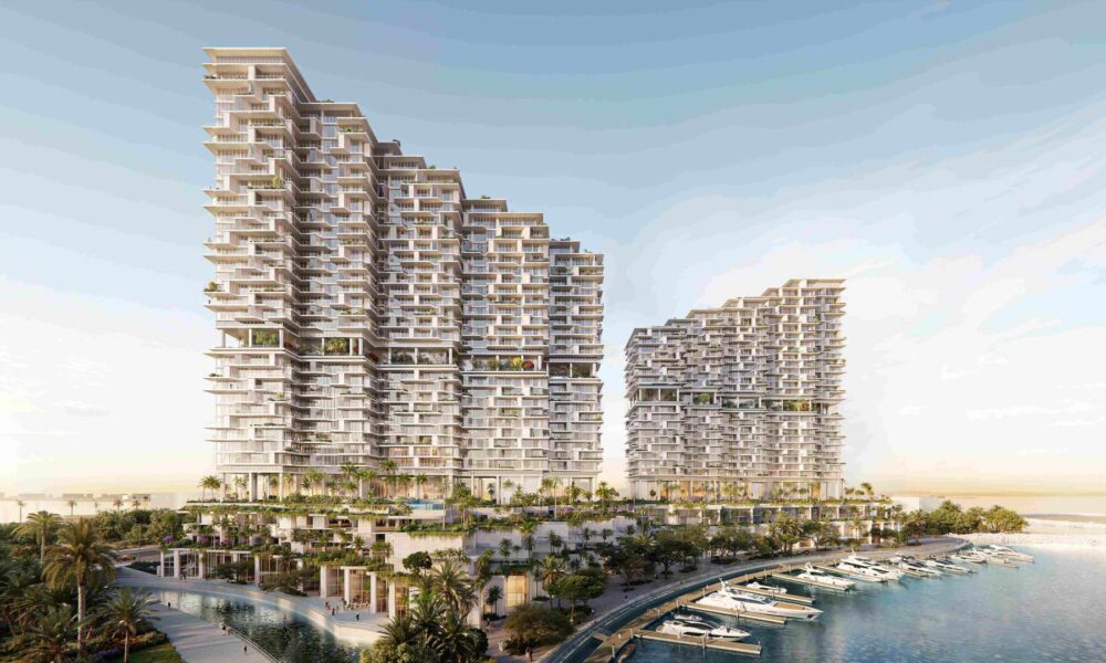 Architectural rendering of the MERED Riviera Residences on Al Reem Island, Abu Dhabi, showcasing the modern, stepped façade designed by Herzog & de Meuron, set against a waterfront backdrop