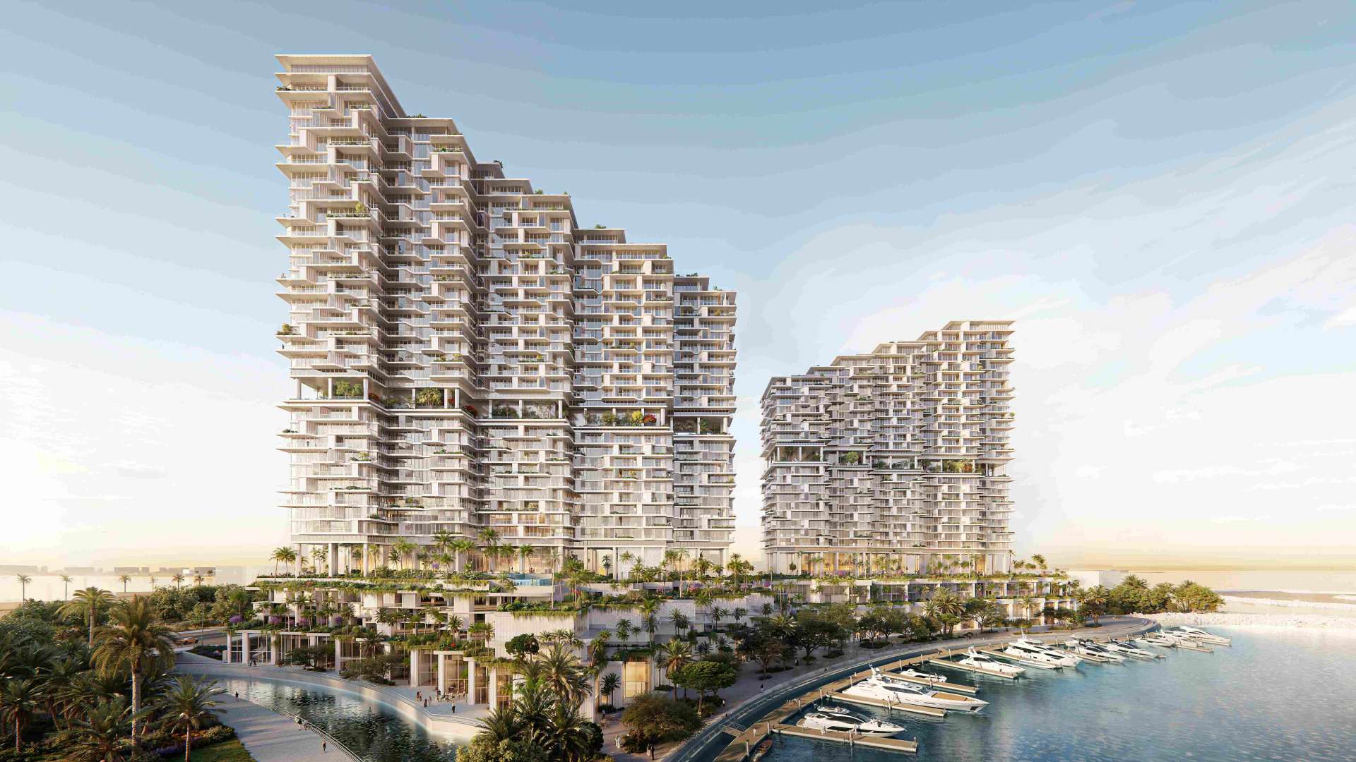Architectural rendering of the MERED Riviera Residences on Al Reem Island, Abu Dhabi, showcasing the modern, stepped façade designed by Herzog & de Meuron, set against a waterfront backdrop