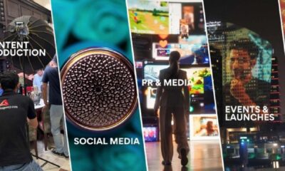 Collage showcasing Aark Marketing services: strategy with digital interface graphics, content production with professional photography setup, social media represented by a close-up of a textured circular object, PR and media featuring a person viewing multiple digital screens, events and launches highlighted by illuminated cityscape with building projections, and influencers depicted with a branded backdrop and smartphone recording.