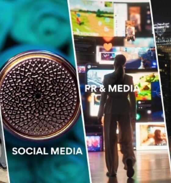 Collage showcasing Aark Marketing services: strategy with digital interface graphics, content production with professional photography setup, social media represented by a close-up of a textured circular object, PR and media featuring a person viewing multiple digital screens, events and launches highlighted by illuminated cityscape with building projections, and influencers depicted with a branded backdrop and smartphone recording.