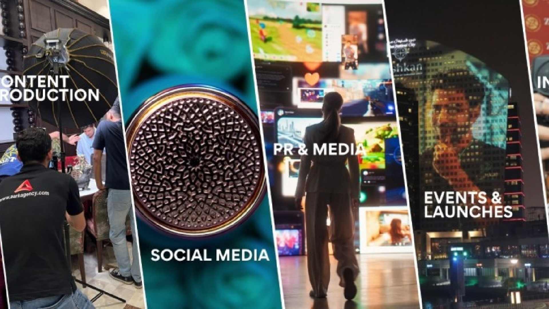 Collage showcasing Aark Marketing services: strategy with digital interface graphics, content production with professional photography setup, social media represented by a close-up of a textured circular object, PR and media featuring a person viewing multiple digital screens, events and launches highlighted by illuminated cityscape with building projections, and influencers depicted with a branded backdrop and smartphone recording.
