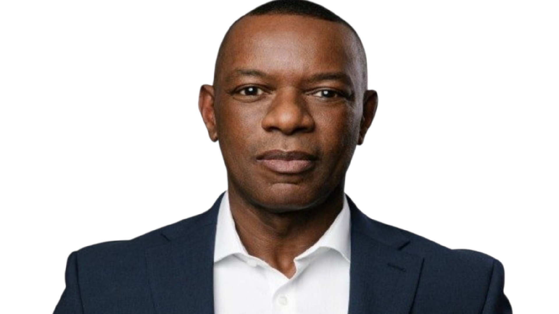 Person wearing a dark navy business suit over a white collared shirt, photographed against a plain white background. The image is a professional corporate portrait used for Enterprise DB branding