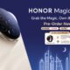 A promotional pre-order graphic for the HONOR Magic8 Pro 5G smartphone in a beige/gold color, showcasing the large circular rear camera module. The title reads "Grab the Magic, Own the Night. Pre-Order Now." It lists two configurations and prices: 12+512GB at 3999 (currency symbol looks like an inverted, stylized 'B') and 16+1TB at 4999. It also details pre-order gifts worth 2299, which include the HONOR Watch 5 Ultra, 12-month HONOR VIP Care damage protection, and 3-month Google AI Pro with 2TB storage. A stylized silhouette of the Dubai skyline is visible at the bottom.