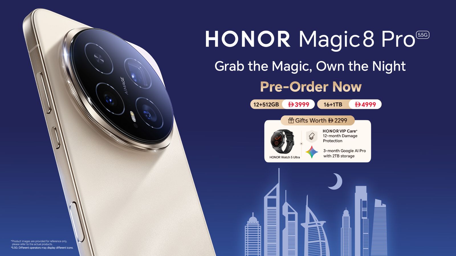 A promotional pre-order graphic for the HONOR Magic8 Pro 5G smartphone in a beige/gold color, showcasing the large circular rear camera module. The title reads "Grab the Magic, Own the Night. Pre-Order Now." It lists two configurations and prices: 12+512GB at 3999 (currency symbol looks like an inverted, stylized 'B') and 16+1TB at 4999. It also details pre-order gifts worth 2299, which include the HONOR Watch 5 Ultra, 12-month HONOR VIP Care damage protection, and 3-month Google AI Pro with 2TB storage. A stylized silhouette of the Dubai skyline is visible at the bottom.