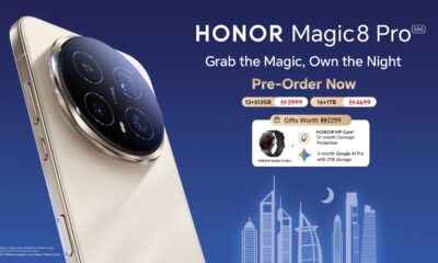 Advertisement for the HONOR Magic 8 Pro 5G smartphone, showing a gold phone, pre-order prices for 12+512GB and 16+1TB versions, and gifts including the HONOR Watch 5 Ultra and HONOR VIP Care.