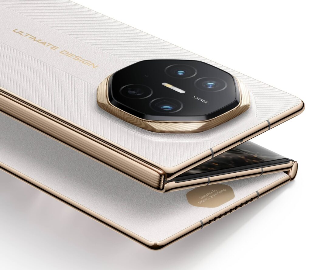 A close-up, angled perspective shot of the Huawei Mate XT Ultimate Design partially folded in a Z-shape. The image highlights the "Ultimate Design" gold lettering and the intricate texture of the white leather. The prominent octagonal camera array is shown in detail with gold accents. The slimness of the three folded layers is visible, showcasing the gold-finished metal edges and the complex hinge mechanism.