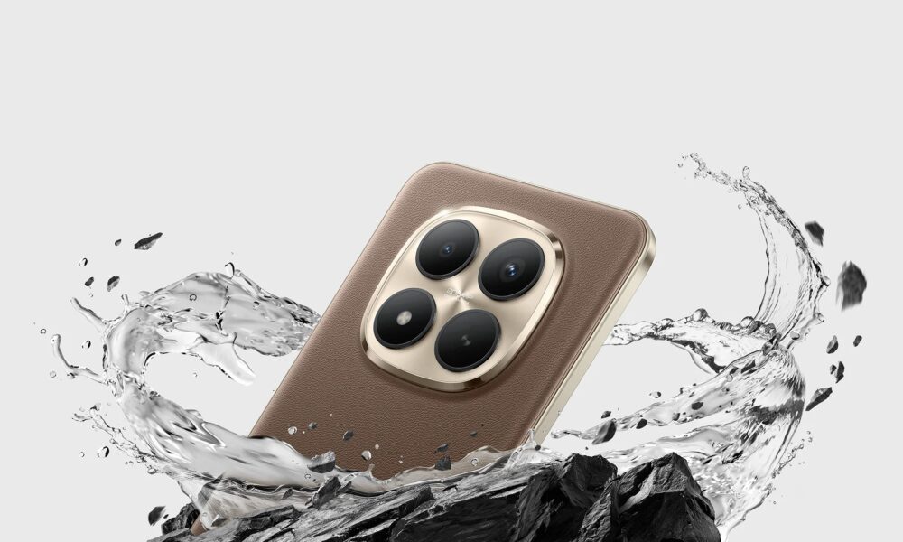 Official promotional image of the Xiaomi Redmi Note 15 Pro+ in Mocha Brown. The phone features a premium eco-leather back and a large circular gold-rimmed quad-camera module. It is shown dramatically splashing through water and dark jagged rocks to highlight its IP69K water resistance and Titan Durability.
