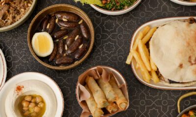 Overhead view of AL HALLAB Lebanese dishes including stuffed vine leaves, hummus with chickpeas, fried spring rolls, a pita sandwich with fries, dates with boiled egg, and mixed appetizers served on patterned table.