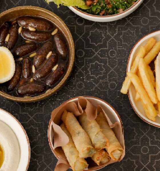 Overhead view of AL HALLAB Lebanese dishes including stuffed vine leaves, hummus with chickpeas, fried spring rolls, a pita sandwich with fries, dates with boiled egg, and mixed appetizers served on patterned table.