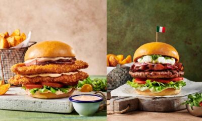 CARLUCCIO gourmet burger comparison image showing two burgers side by side, each served with fries on rustic surfaces, one featuring a crispy breaded chicken patty and the other a beef patty topped with bacon, sauce and an Italian flag toothpick.
