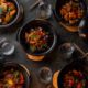 Five traditional Chinese claypot dishes served on a dark stone table at SHI restaurant, featuring vibrant vegetables, tender meats, and rich sauces in black claypots with wooden bases, surrounded by chopsticks, empty glasses, and lids