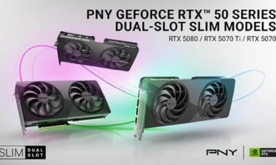 PNY GeForce RTX 50 Series Slim dual-slot graphics cards displayed in three models: RTX 5080, RTX 5070 Ti, and RTX 5070, featuring dual-fan cooling design with slim form factor, shown on a gradient background with PNY and NVIDIA GeForce RTX logos