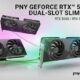 PNY GeForce RTX 50 Series Slim dual-slot graphics cards displayed in three models: RTX 5080, RTX 5070 Ti, and RTX 5070, featuring dual-fan cooling design with slim form factor, shown on a gradient background with PNY and NVIDIA GeForce RTX logos