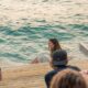 Sun Siyam team members and visiting students sit and stand on a wooden deck by the ocean, observing a marine conservation activity using a floating net in the lagoon.