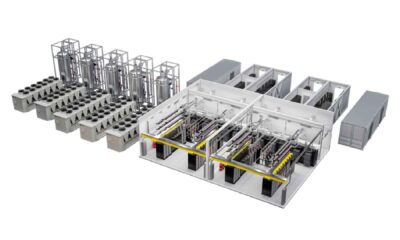 Isometric 3D rendering of Vertiv prefabricated MegaMod HDX data center module showing integrated liquid cooling skids, power distribution units, racks, piping, and cooling infrastructure arranged within modular enclosures.