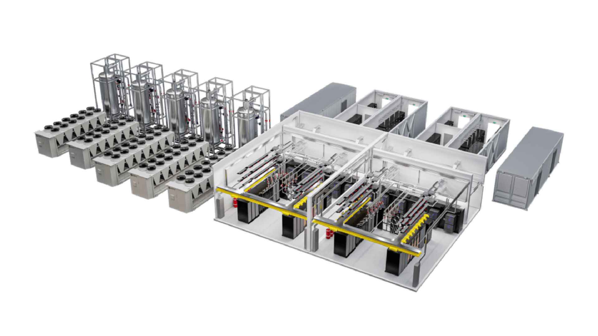 Isometric 3D rendering of Vertiv prefabricated MegaMod HDX data center module showing integrated liquid cooling skids, power distribution units, racks, piping, and cooling infrastructure arranged within modular enclosures.